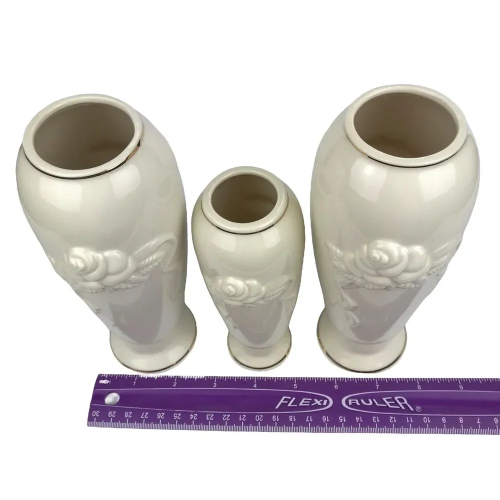 Lenox Rose Blossom Vases Ivory Porcelain 24k Gold Trim 5.75'' 7.5'' Set of 3 EUC